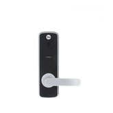 Black electronic door handle with silver lever on a white background