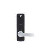 Black electronic door handle with silver lever on a white background