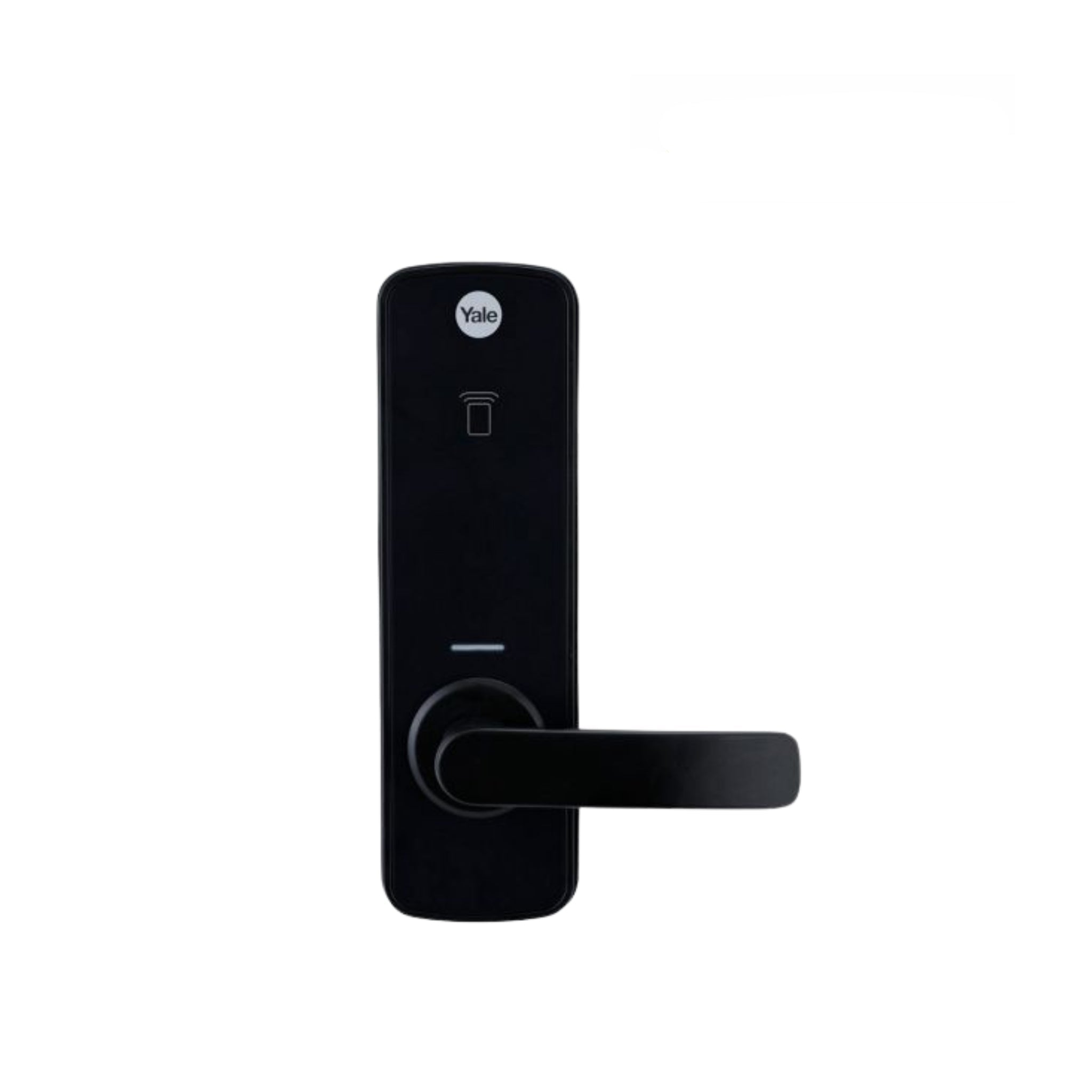 Black electronic door lock with Yale logo on a white background
