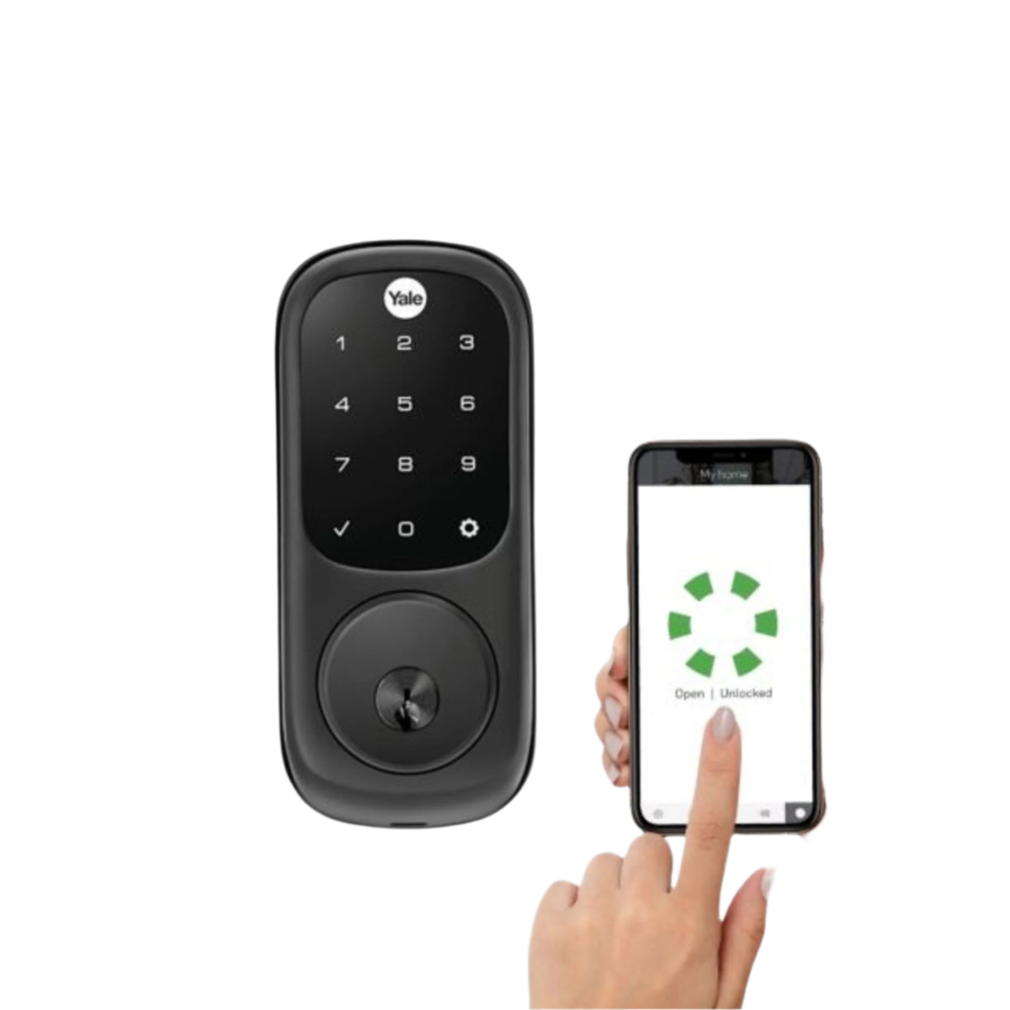 Smart door lock with smartphone app on a white background