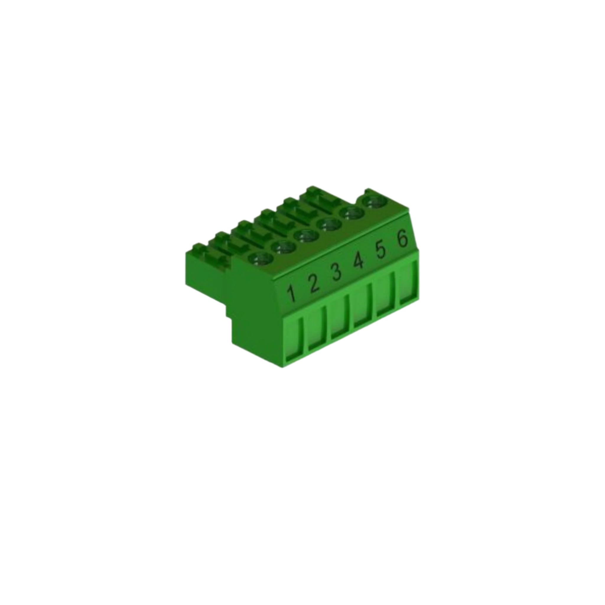 Green electrical connector with numbered slots on a white background