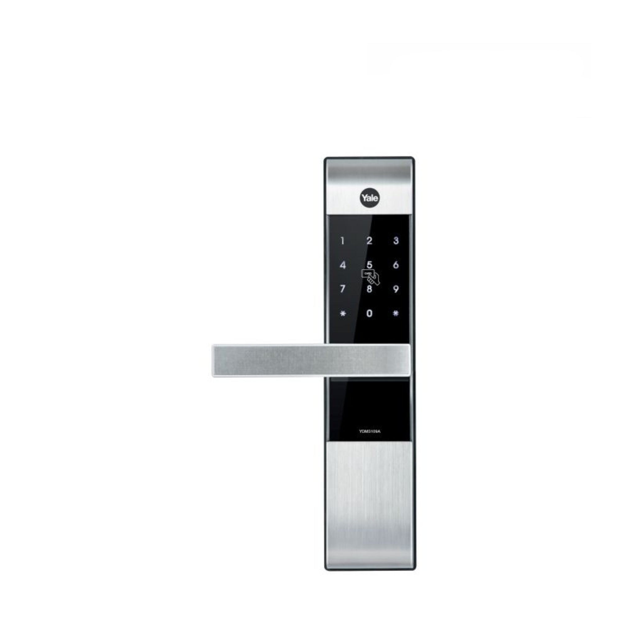 Digital door lock with a metallic finish on a white background