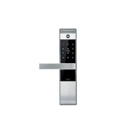 Digital door lock with a metallic finish on a white background