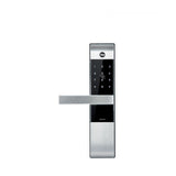 Digital door lock with a metallic finish on a white background