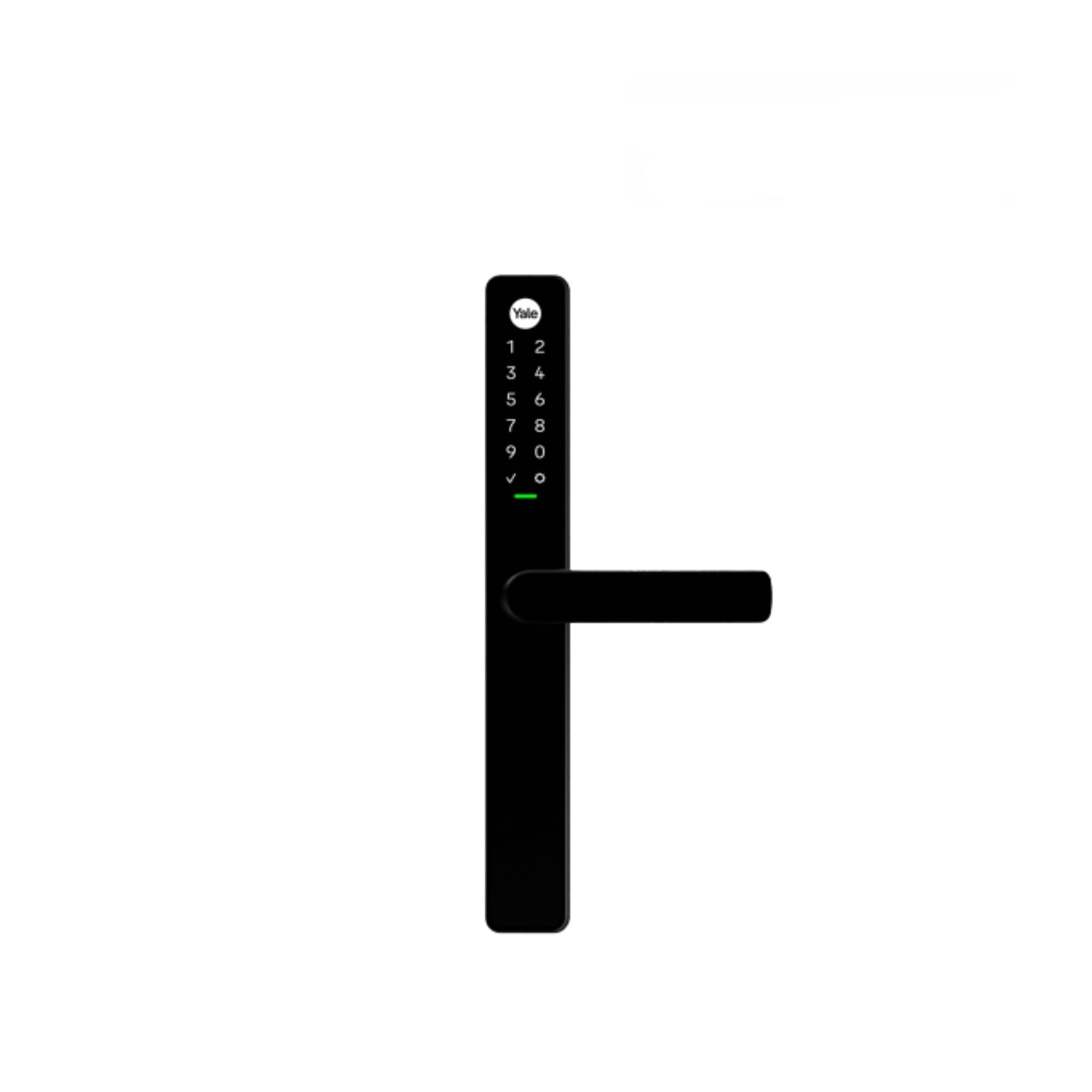 Black digital door handle with keypad on a white background