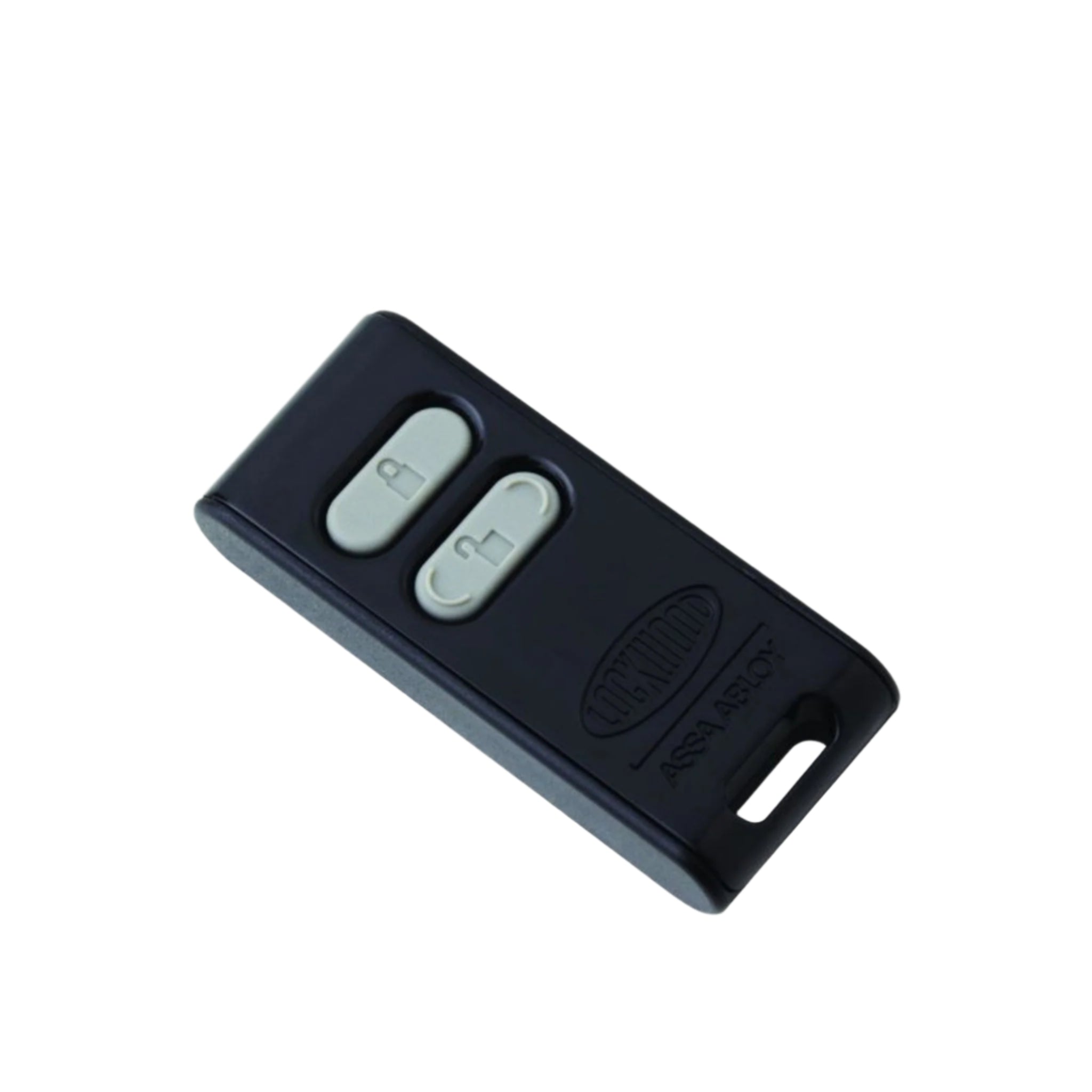 Black remote control with two buttons on a white background