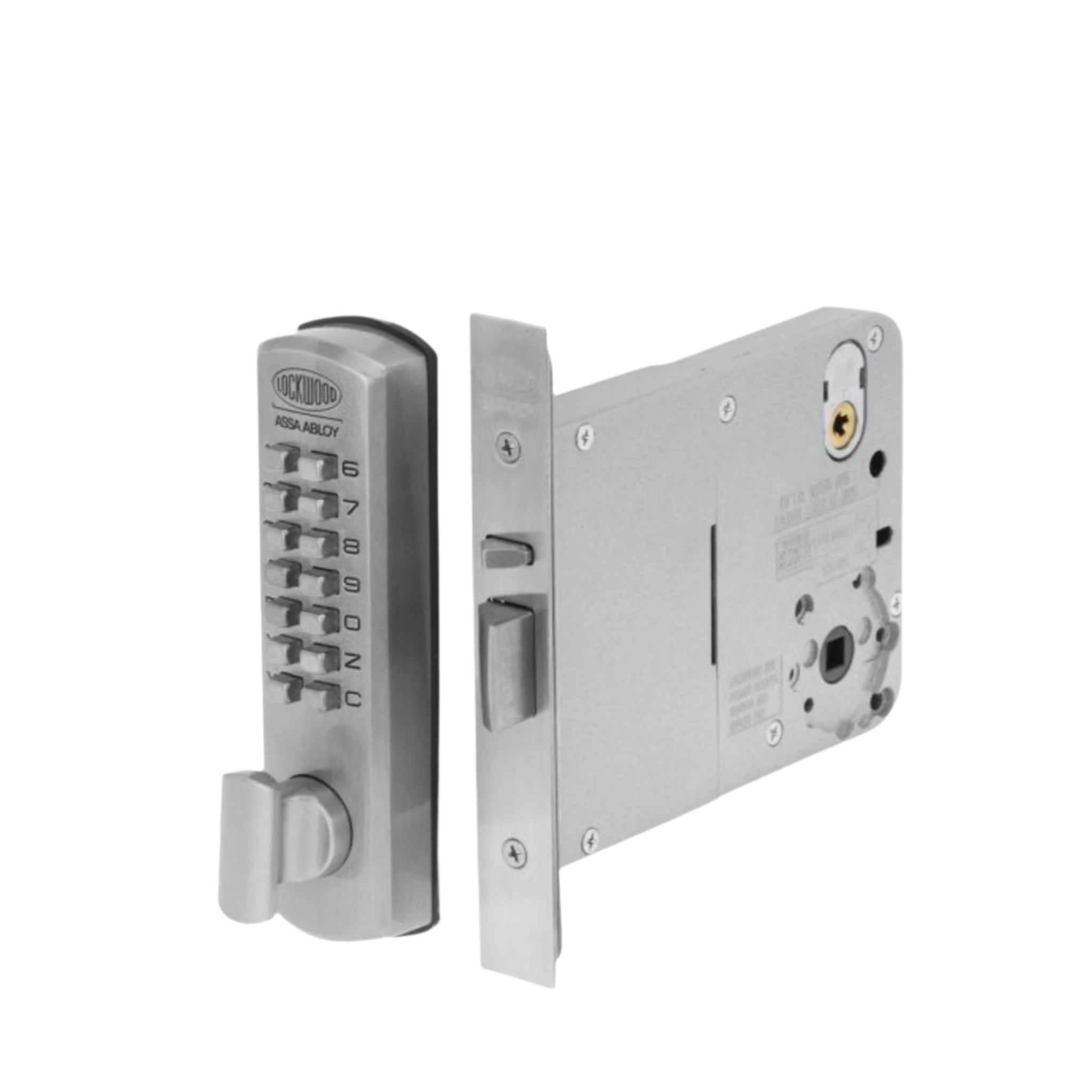 Metallic door lock mechanism with keypad on a white background