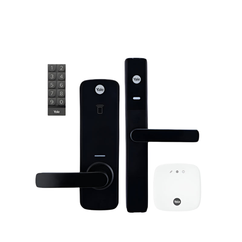 Yale smart lock system with keypad, handle, and remote on a white background