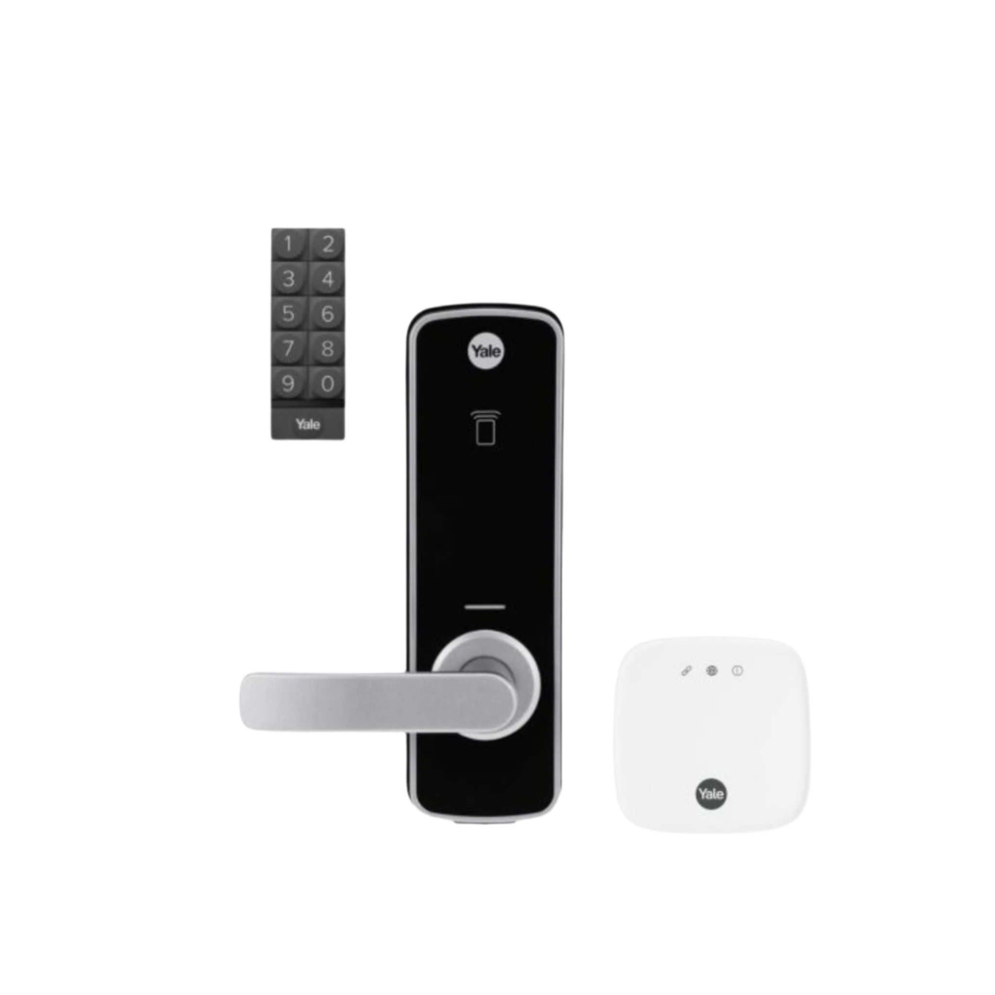 Yale smart lock system with keypad, handle, and remote on a white background