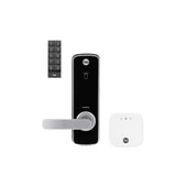 Yale smart lock system with keypad, handle, and remote on a white background