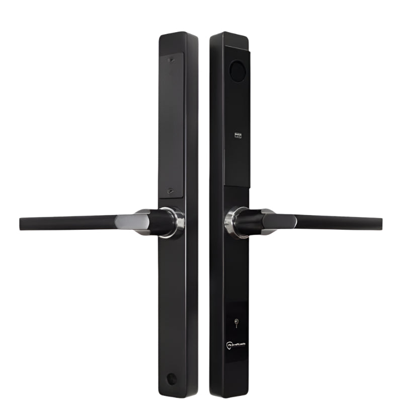 Black electronic door handle on a white background