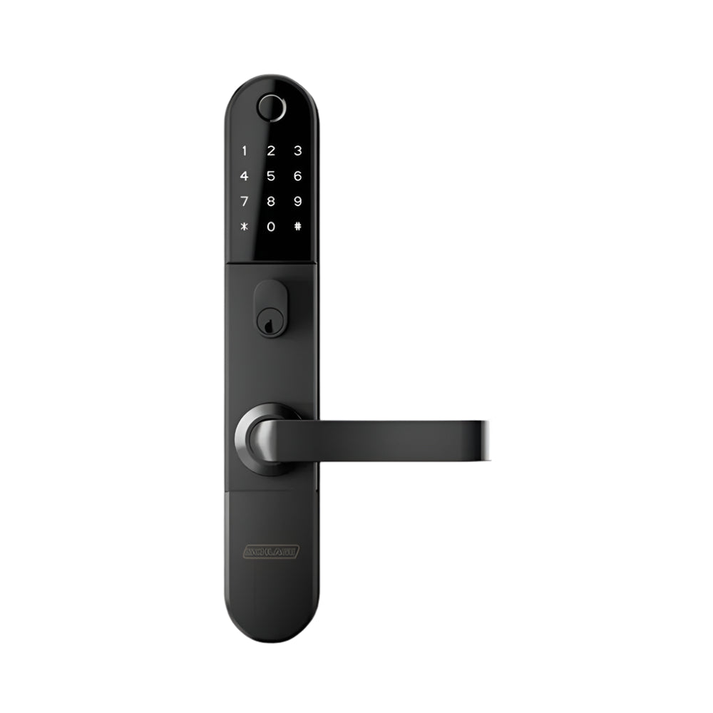 Black digital door lock on a white background