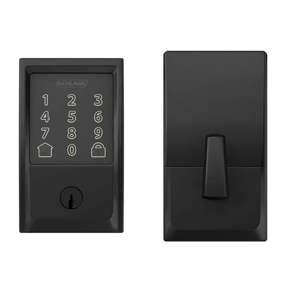 Schlage Encode Smart Lock Deadbolt in satin nickel finish, featuring a numeric keypad and a black door handle.