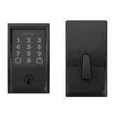 Schlage Encode Smart Lock Deadbolt in satin nickel finish, featuring a numeric keypad and a black door handle.