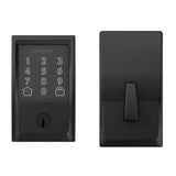 Schlage Encode Smart Lock Deadbolt in satin nickel finish, featuring a numeric keypad and a black door handle.