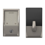 Schlage Encode Smart Lock Deadbolt in satin nickel finish, featuring a digital touchscreen keypad and a black lever handle.