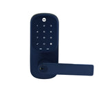 Digital door lock with keypad on a light blue background
