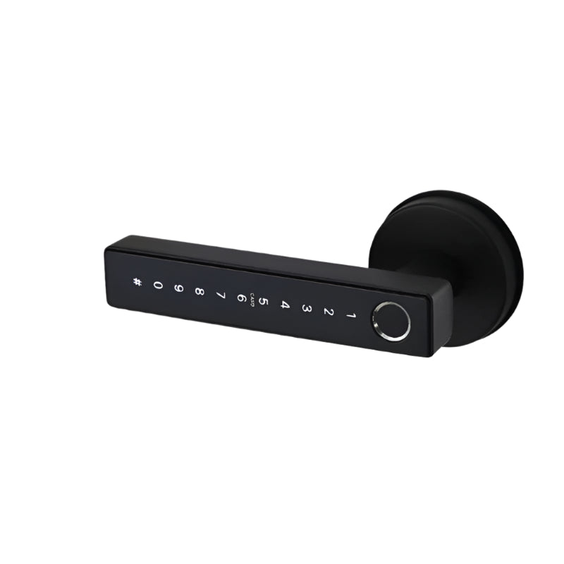 Black digital door handle on a white background