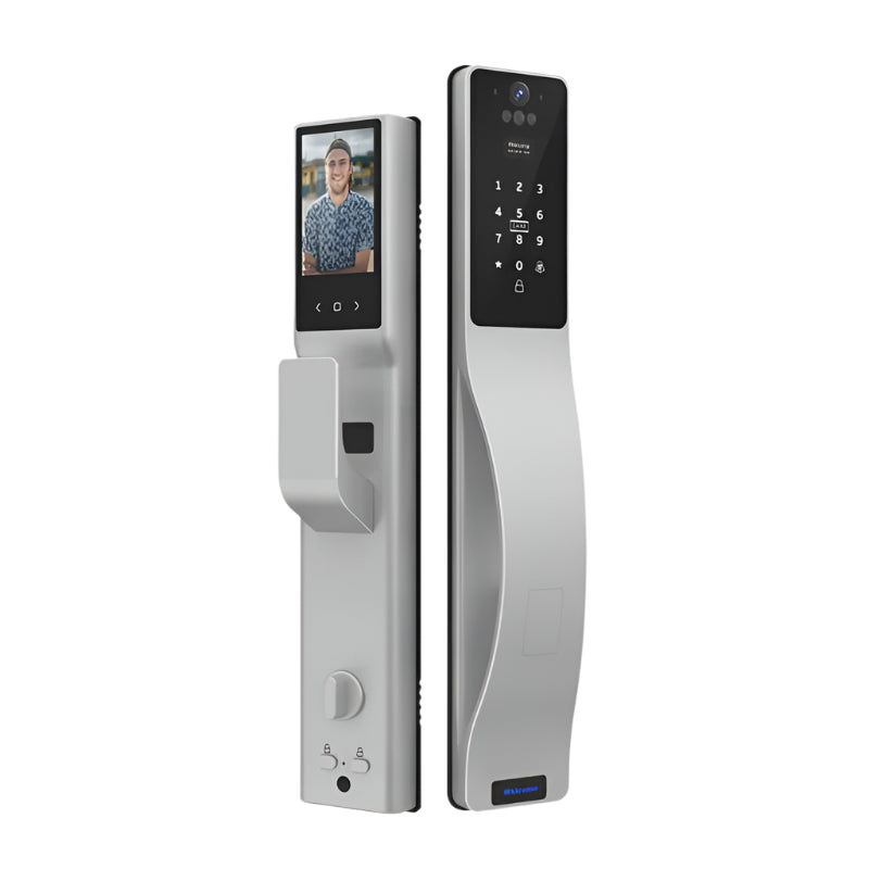Digital door lock with face recognition and keypad on a white background
