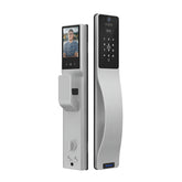 Digital door lock with face recognition and keypad on a white background
