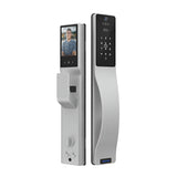 Digital door lock with face recognition and keypad on a white background