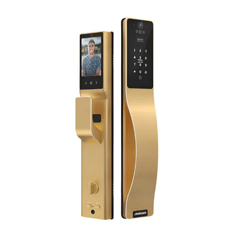 Gold electronic door lock with face recognition and keypad on a white background