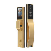 Gold electronic door lock with face recognition and keypad on a white background