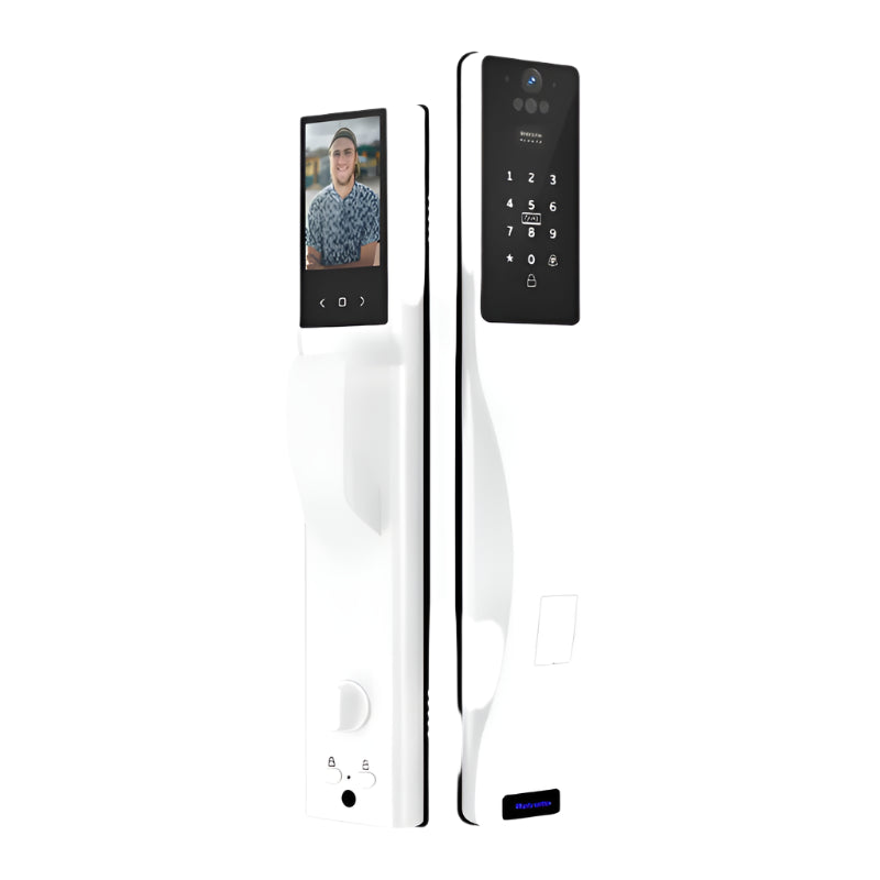 Smart door lock with digital keypad and camera on a white background