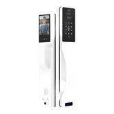 Smart door lock with digital keypad and camera on a white background