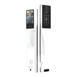 Smart door lock with digital keypad and camera on a white background