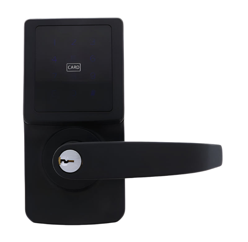 Black electronic door lock with digital keypad on a white background