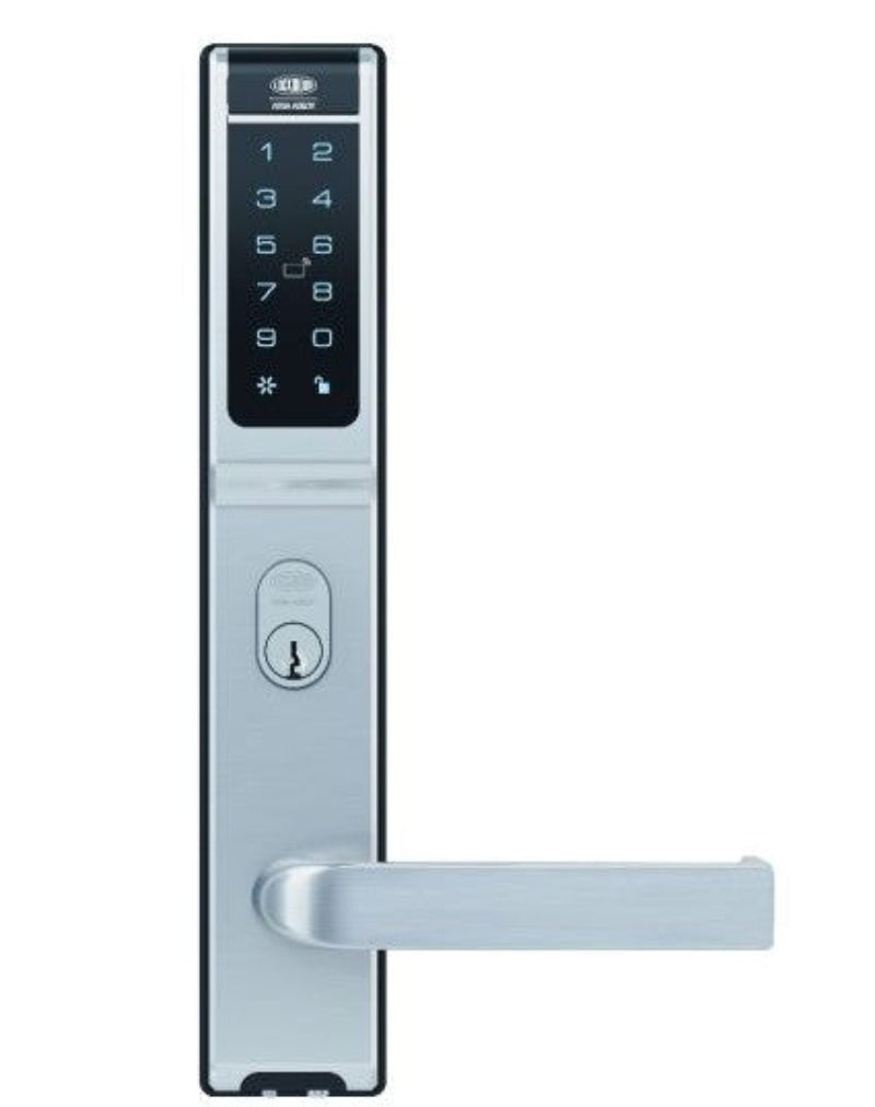 Digital door lock with keypad on a white background