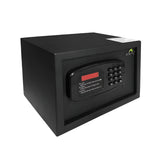 A black Dolphy digital safe with a digital keypad and an automatic top opening, designed for in-room hotel use.