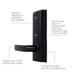 Black electronic door lock with features listed on a white background