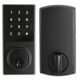 A black digital deadbolt lock with touchscreen keypad on the front and a thumbturn on the side, alongside an image of the lock's backplate.