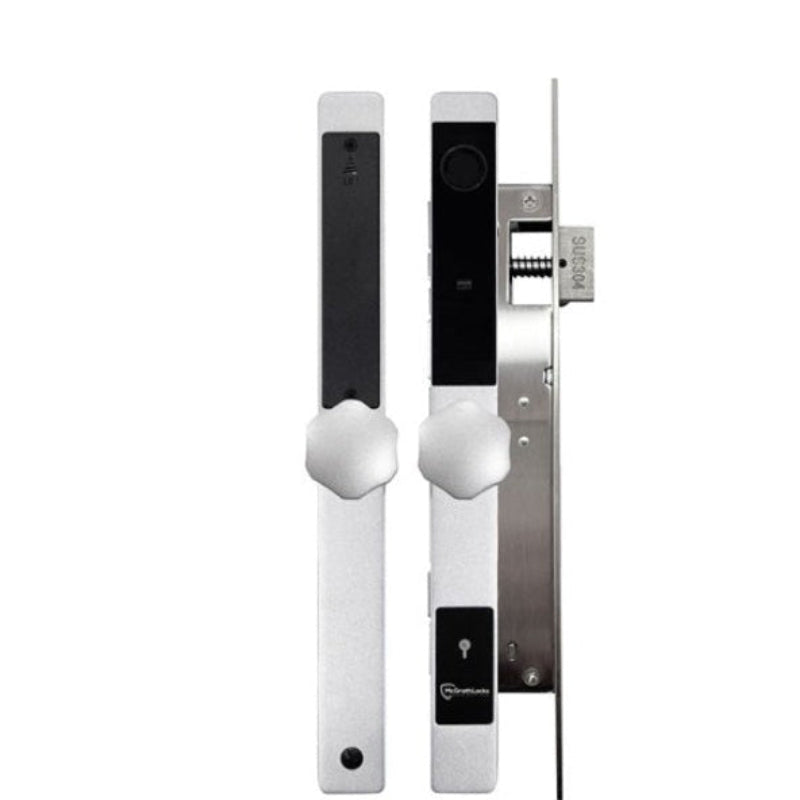 Smart door lock with digital keypad on a white background