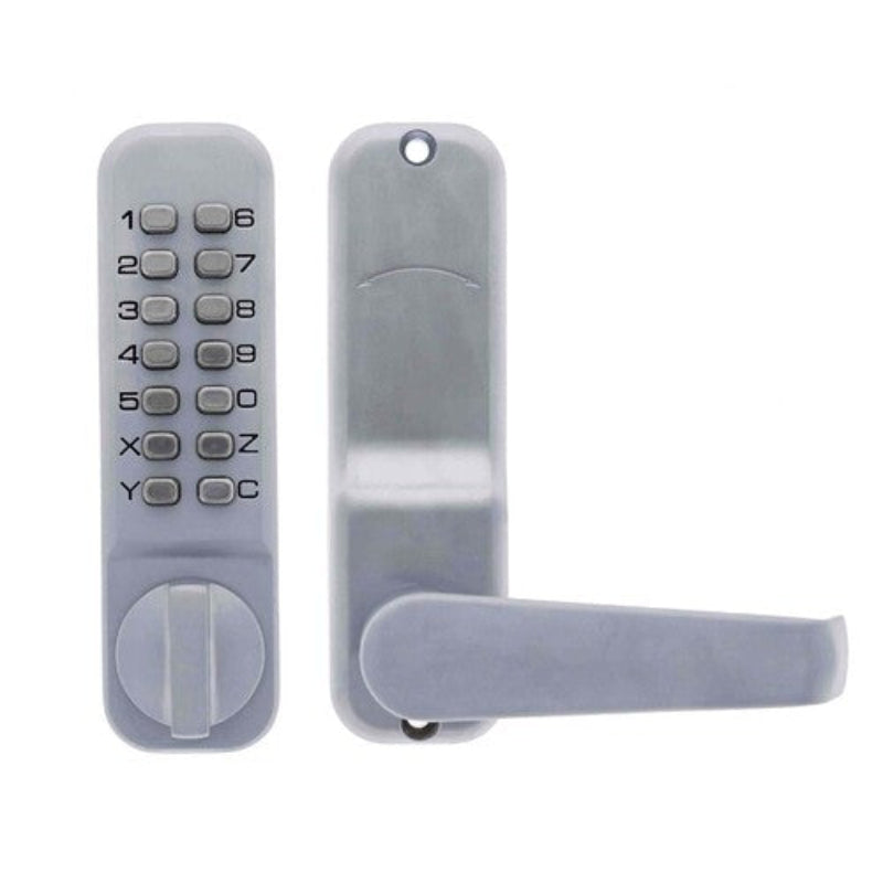 Digital door lock with keypad and handle on a white background