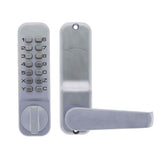 Digital door lock with keypad and handle on a white background