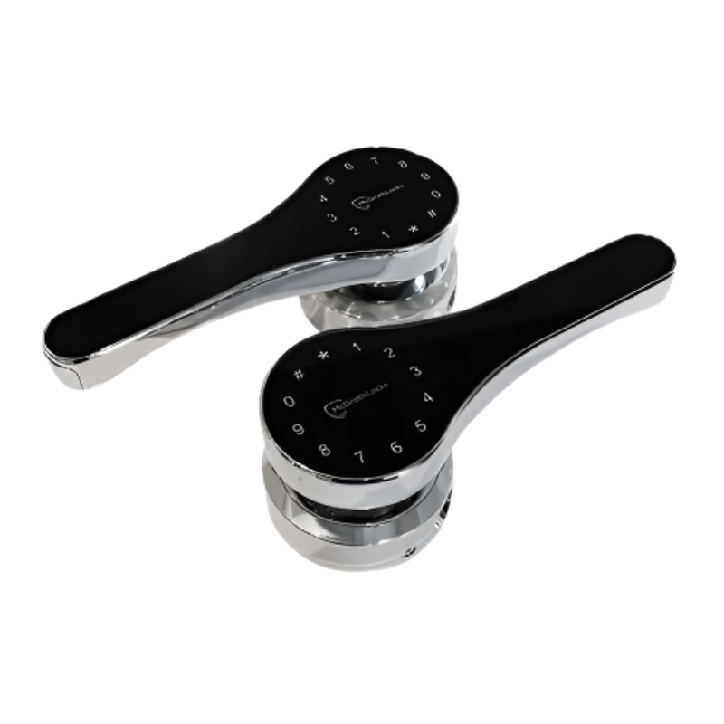 Black and chrome door handle set on a white background