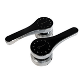 Black and chrome door handle set on a white background