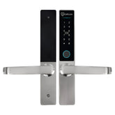 Digital door handle with electronic keypad on a white background