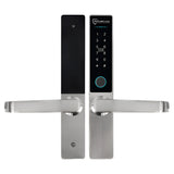 Digital door handle with electronic keypad on a white background