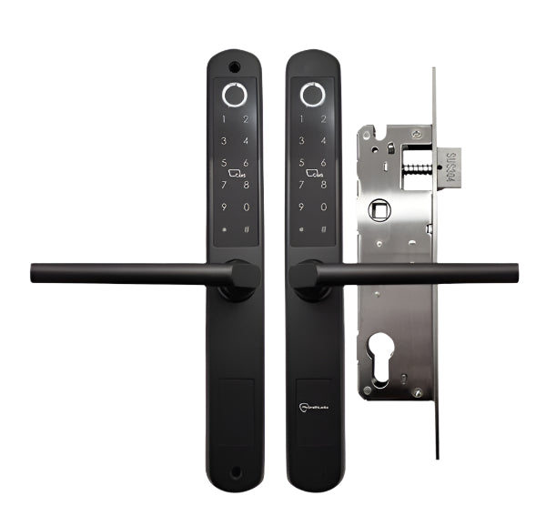 Black electronic door handle with lock mechanism on a white background