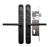 Black electronic door handle with lock mechanism on a white background