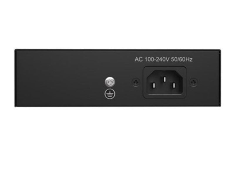 Black power adapter with electrical specifications on a white background