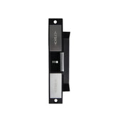 Black electronic door lock with visible brand logo on a white background