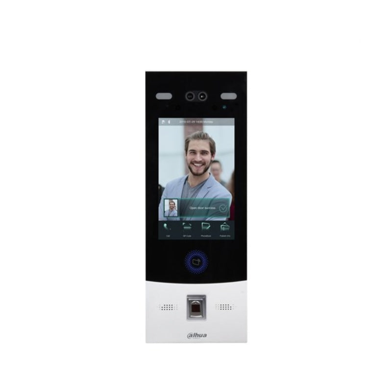 Video doorbell with a display showing a person's face on a white background