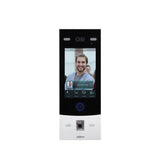Video doorbell with a display showing a person's face on a white background