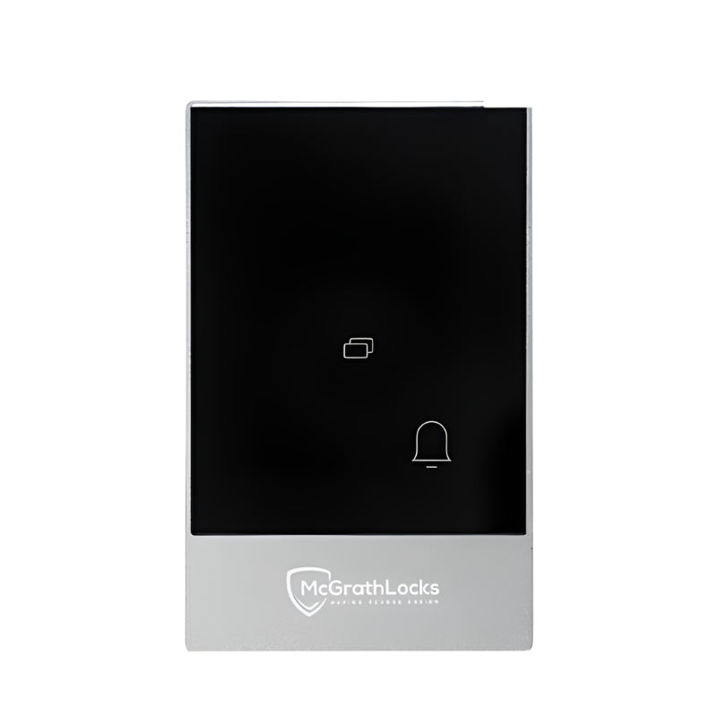 Black and silver doorbell panel with McGrathLocks logo on a white background