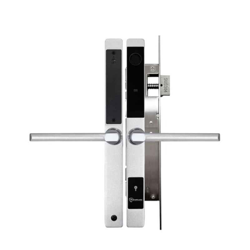 Digital door lock with electronic components on a white background